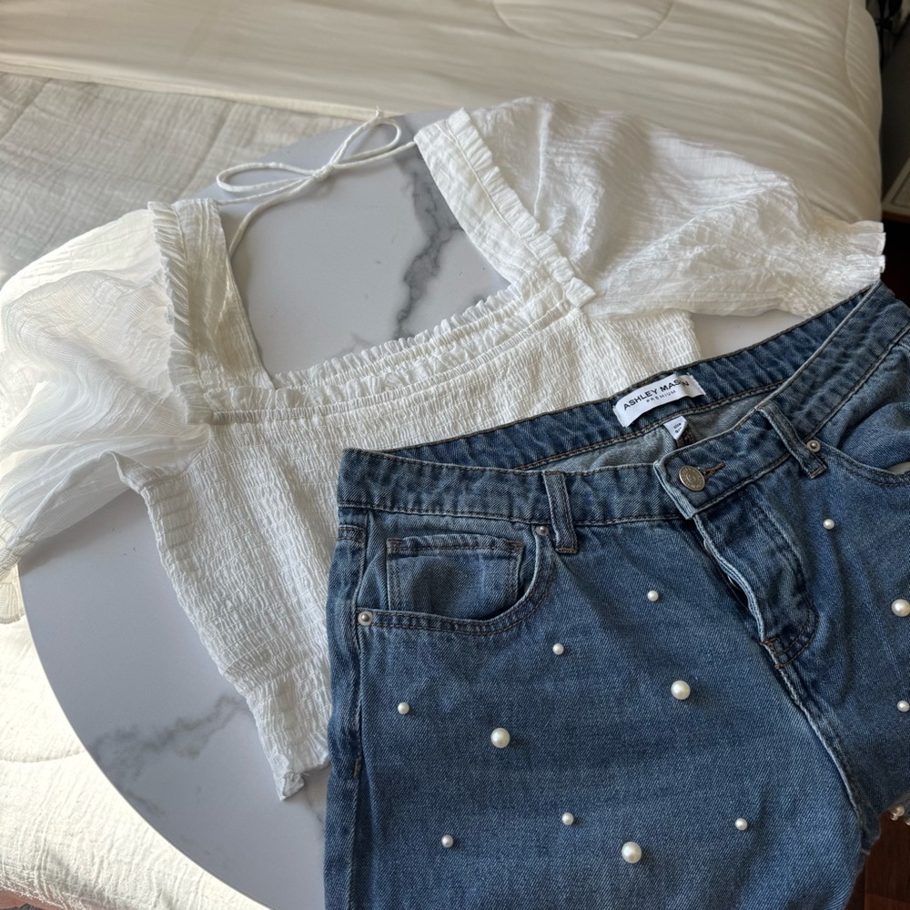 White Puff Sleeve Top and Pearl Embellished Denim Shorts